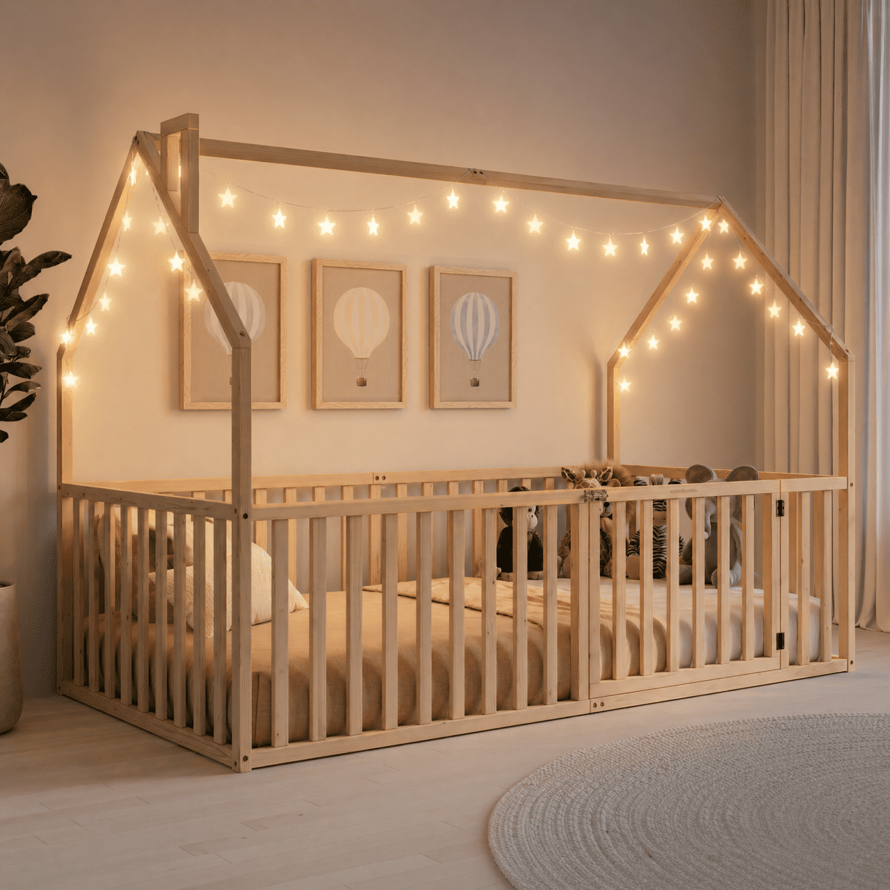 Comfy Cubs Kids House Gated Floor Bed Twin Size for Children Aged 5+,Montessori Bed - Natural Wood