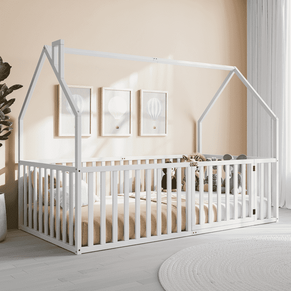 Comfy Cubs Kids House Gated Floor Bed Twin Size for Children Aged 5+,Montessori Bed - White
