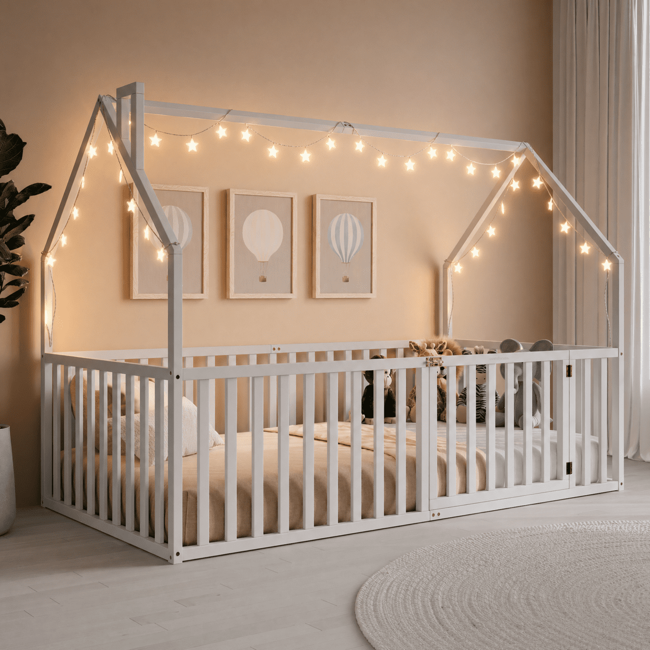 Comfy Cubs Kids House Gated Floor Bed Twin Size for Children Aged 5+,Montessori Bed - White