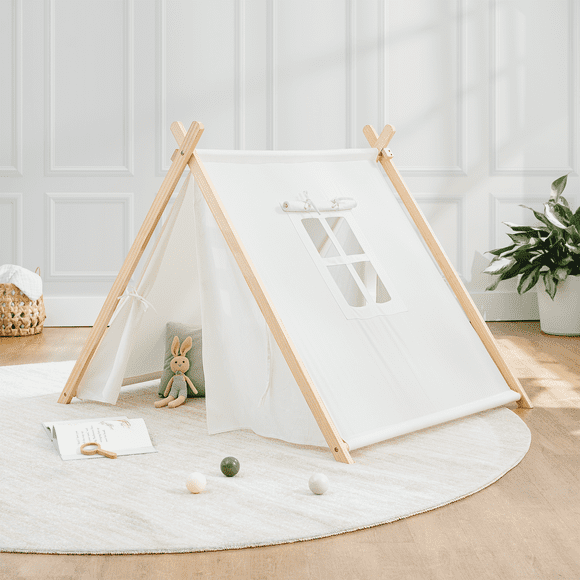 Comfy Cubs Kids Play Tent - Indoor Kids Tent - 100% Cotton Canvas, - Safe & Portable (Natural Wood)