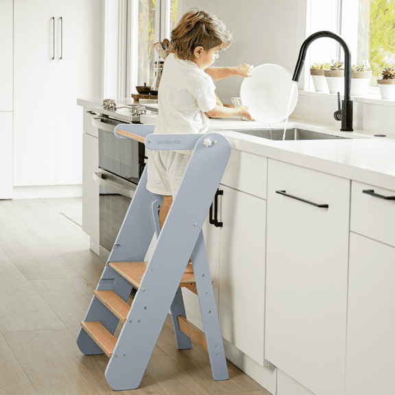 Comfy Cubs Kids Step Stool for Ages 3+, Adjustable Toddler Tower for Sink Access - Pacific Blue