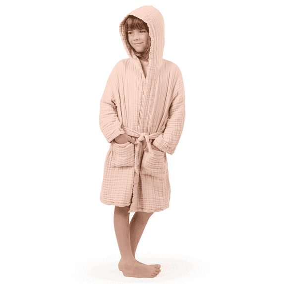 Comfy Cubs Muslin Bath Robe for Kids, (Blush) 6-7 Years Old - 100% Cotton, 4-Layer Absorbent Fabric
