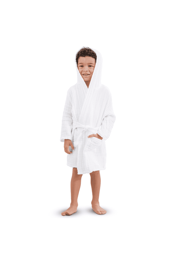 Muslin Bath Robe for Kids, (White) 4-5 Years Old - 100% Cotton, 4-Layer Absorbent Fabric