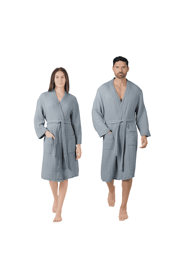 Muslin Bathrobe Large/X-Large, (Pacific Blue) - 100% Cotton Robe with 4-Layer Absorbent Fabric