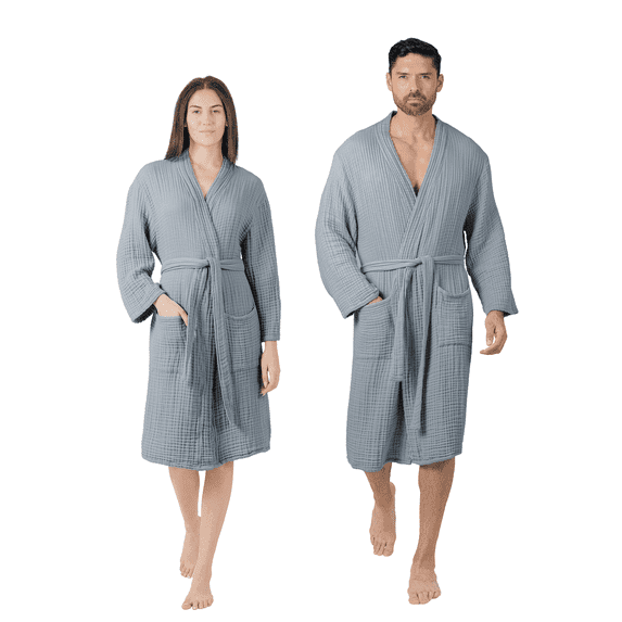 Comfy Cubs Muslin Bathrobe Small/Medium, (Pacific Blue) - 100% Cotton Robe with 4-Layer Absorbent Fabric