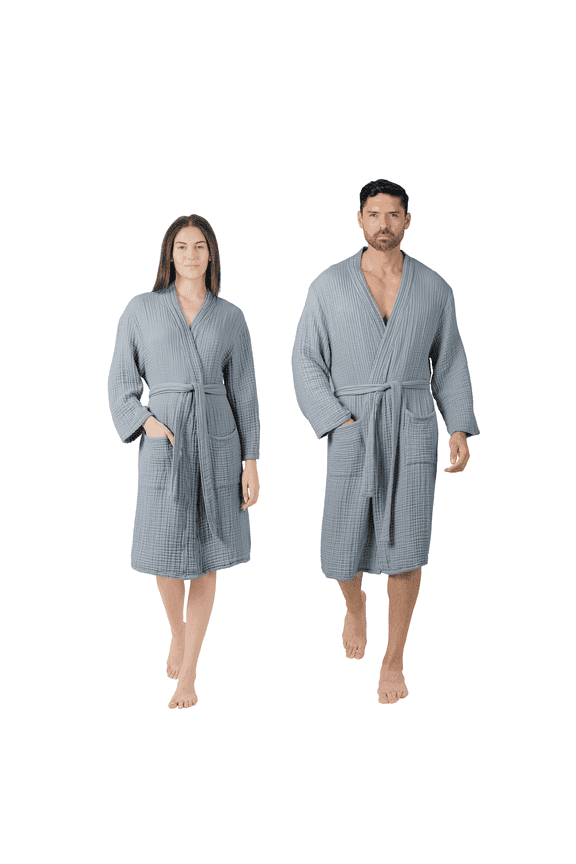 Muslin Bathrobe Small/Medium, (Pacific Blue) - 100% Cotton Robe with 4-Layer Absorbent Fabric