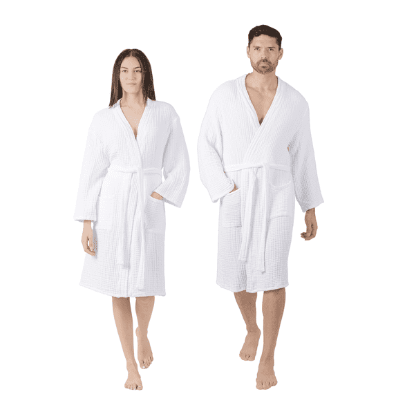 Comfy Cubs Muslin Bathrobe Small/Medium, (White) - 100% Cotton Robe with 4-Layer Absorbent Fabric