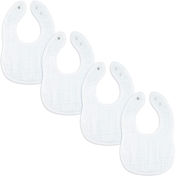 Comfy Cubs Muslin Cotton Baby Bibs, 4 Pack, Adjustable with Easy Snaps, Soft & Absorbent, White