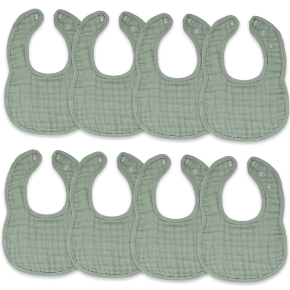 Comfy Cubs Muslin Cotton Baby Bibs, 8 Pack, Adjustable with Easy Snaps, Soft & Absorbent, Fern
