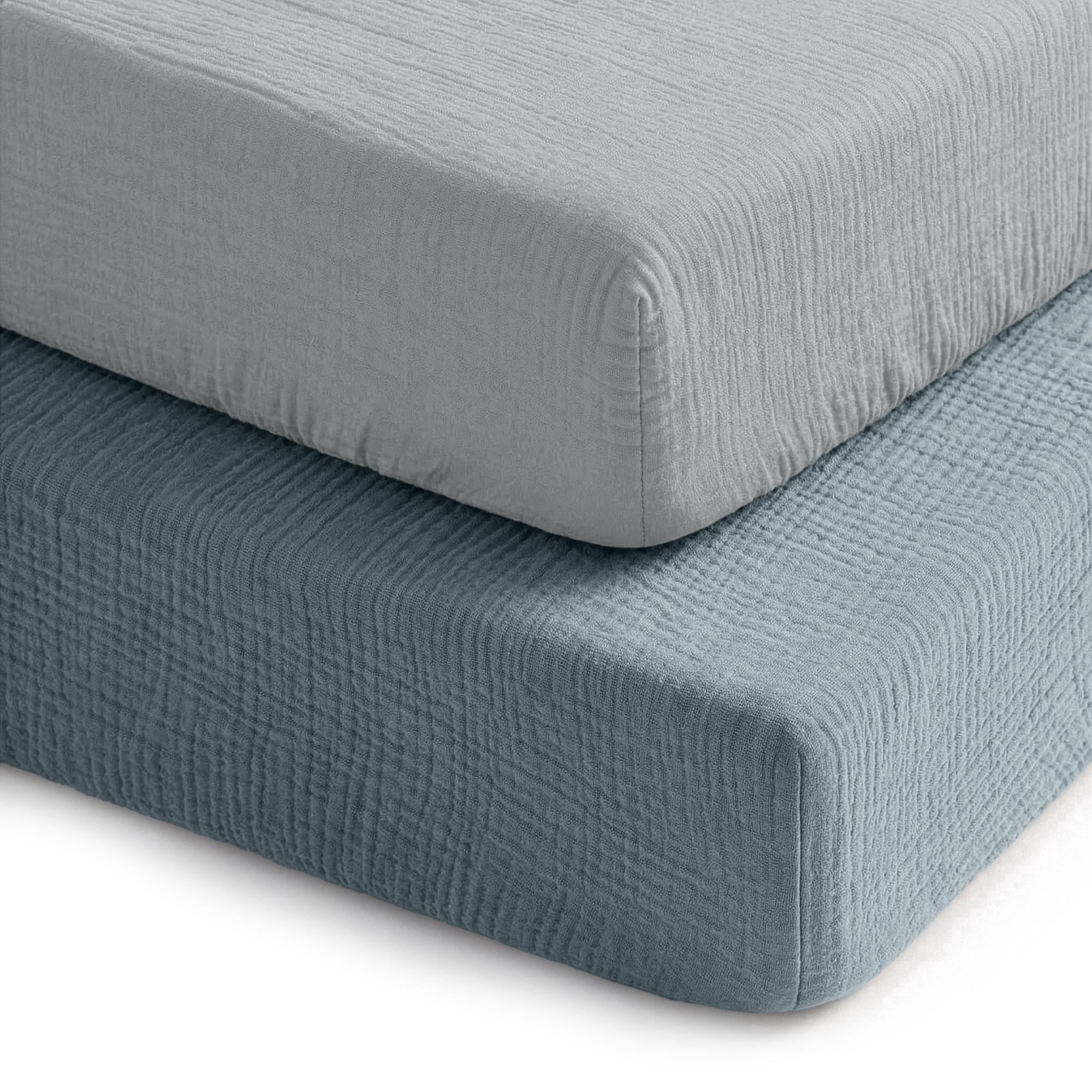 Comfy Cubs Muslin Crib Sheet, 100% Muslin Cotton Sheets for Standard Crib - 2 Pack, Pacific Blue and Heather