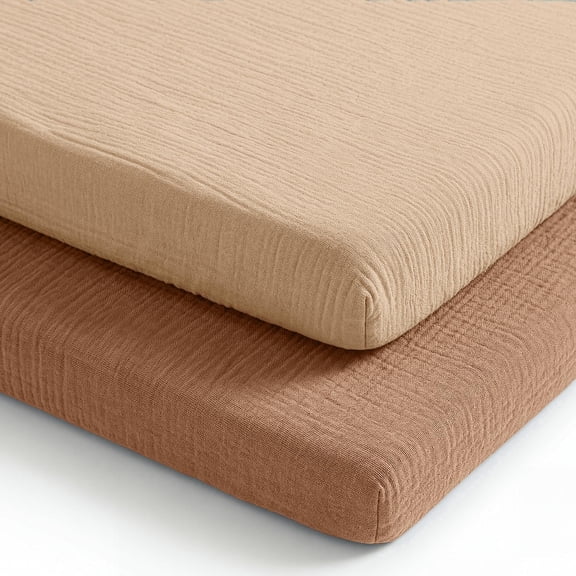 Comfy Cubs Muslin Fitted Bassinet Crib Sheet, Extra Soft 100% Muslin Cotton - 2 Pack, Cedar and Cream