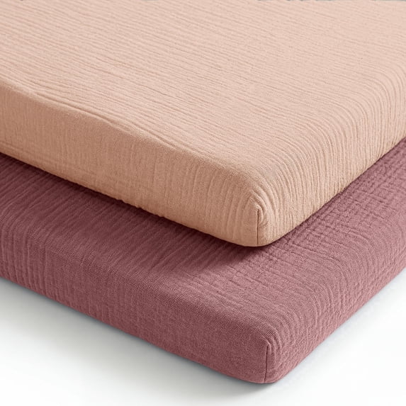 Comfy Cubs Muslin Fitted Bassinet Crib Sheet, Extra Soft 100% Muslin Cotton - 2 Pack, Mauve and Blush