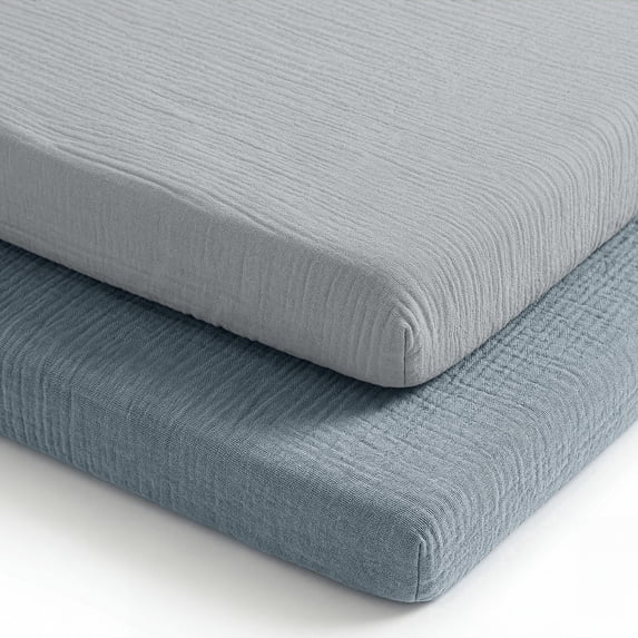 Comfy Cubs Muslin Fitted Bassinet Crib Sheet, Extra Soft 100% Muslin Cotton - 2 Pack, Pacific Blue and Heather