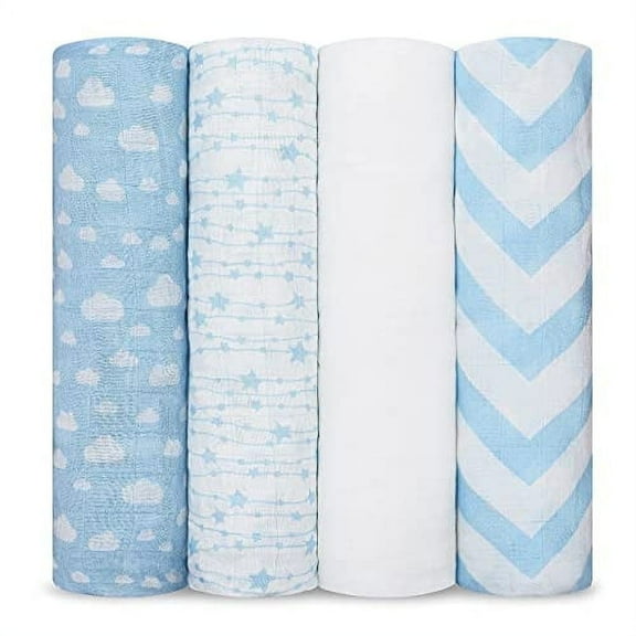 Comfy Cubs Muslin Swaddle Blankets - Neutral Receiving Blanket, Wrap for Boys & Girls (Blue)