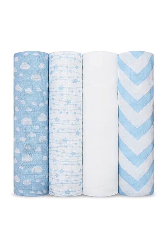 Muslin Swaddle Blankets - Neutral Receiving Blanket, Wrap for Boys & Girls (Blue)