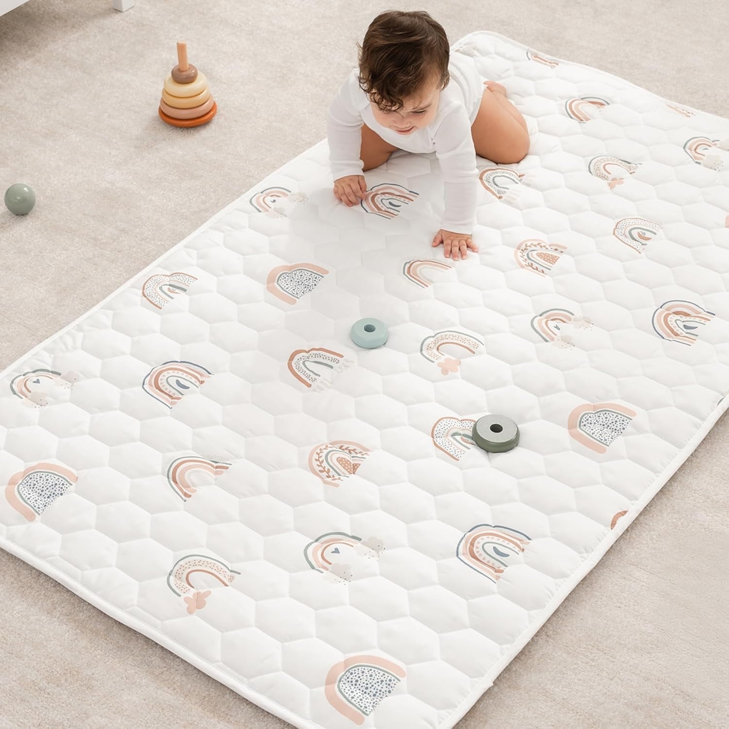 Comfy Cubs Play Mat, Rectangle (Small) 36” x 60” for Kids & Toddler, Non-Slip Bottom - Rainbow