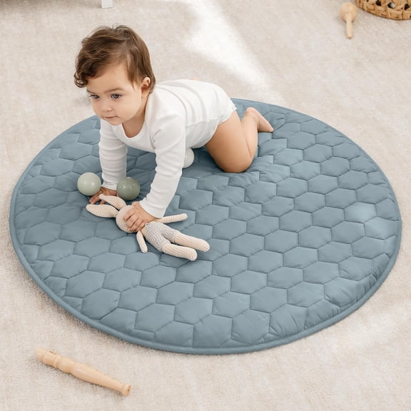 Comfy Cubs Premium Play Mat, Round (Small) 36" - Kids & Toddler Play Mat, Non-Slip Bottom - Pacific Blue