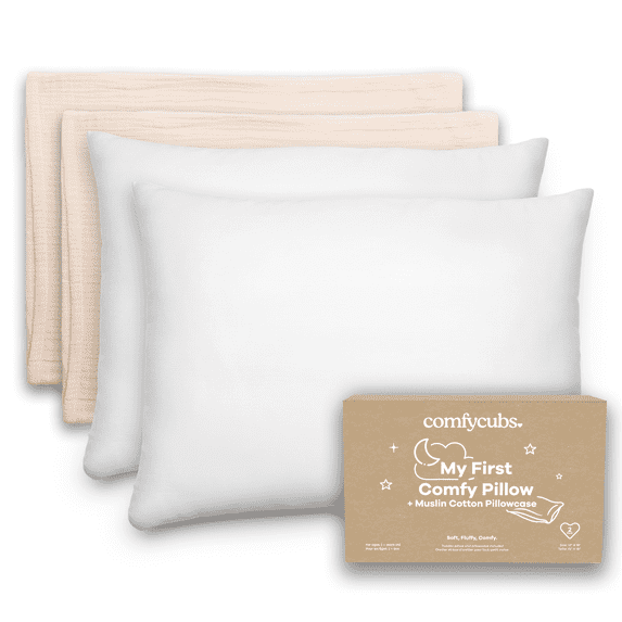 Comfy Cubs Toddler Pillow with Muslin Pillowcase, 13" x 18" - Microfiber Fill, Cream (2 Pack)
