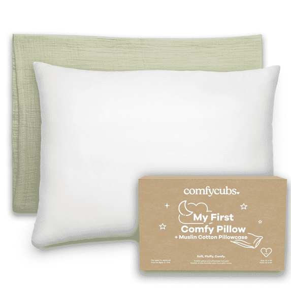 Comfy Cubs Toddler Pillow with Muslin Pillowcase, 13" x 18" - Microfiber Fill, Sage