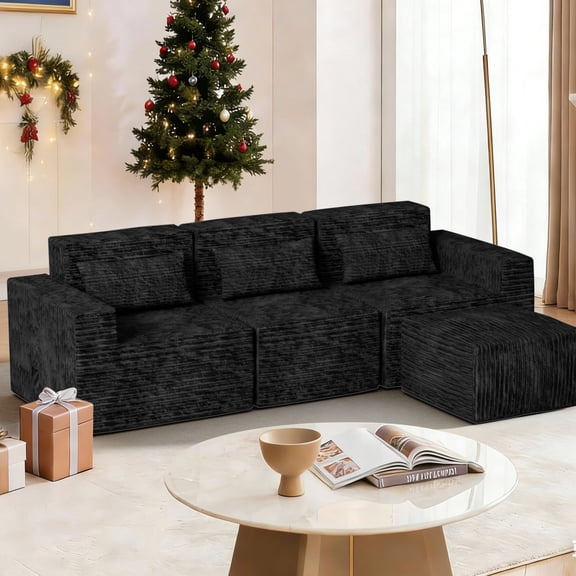 Comfy Deep Seat Modular Sectional Sofa, Movable Upholstered Couch for Living Room Apartment (3 Seat   1 Ottoman, Black)