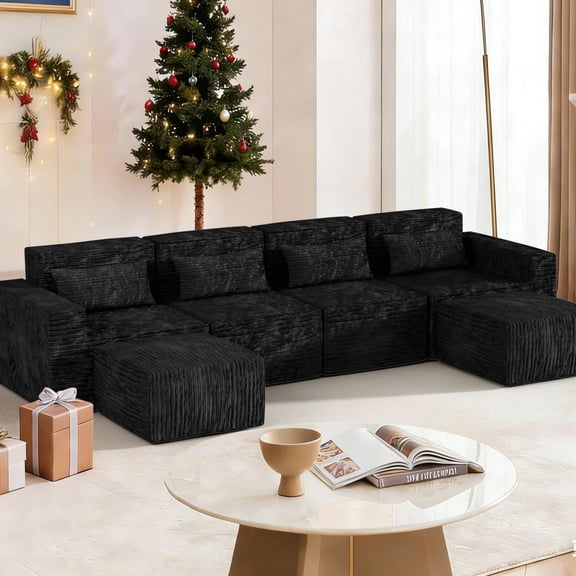 Comfy Deep Seat Modular Sectional Sofa, Movable Upholstered Couch for Living Room Apartment (4 Seat + 2 Ottoman, Black)