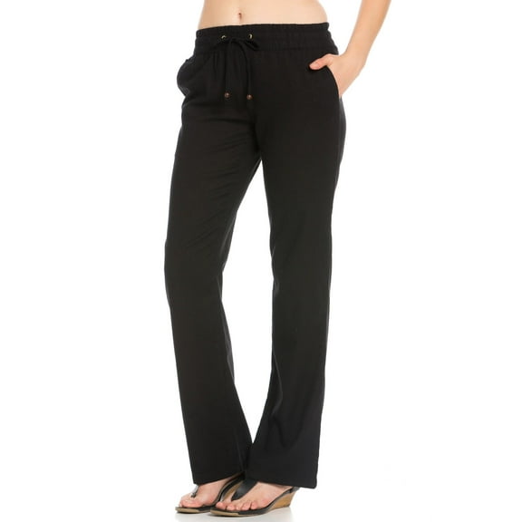 Comfy Drawstring Linen Pants Long with Band Waist (Black)