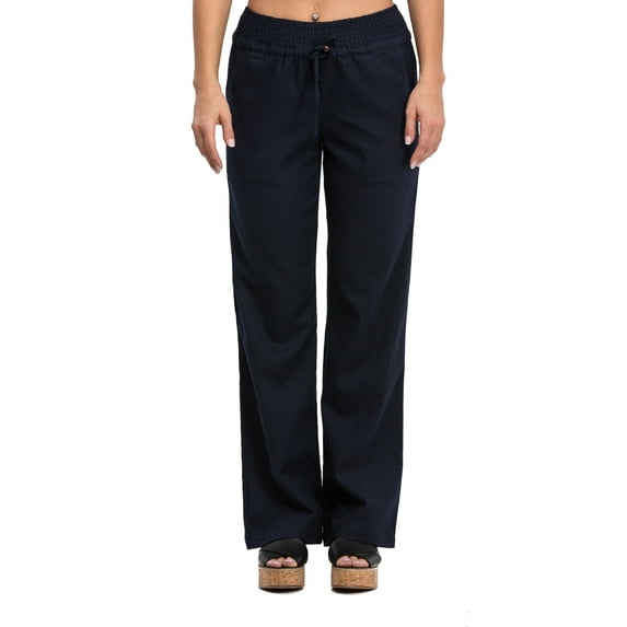 Comfy Drawstring Linen Pants Long with Smocked Band Waist (Navy)