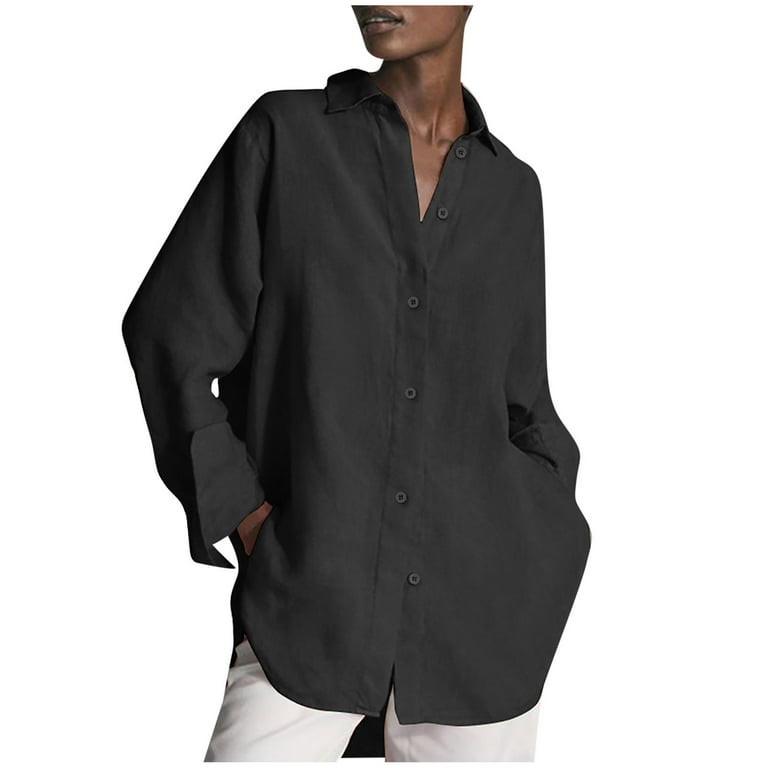 Comfy Dressy Flowy Hide Belly Long Shirt Long Sleeve Shirts Button Down  Collared Solid Tunic Tops to Wear with Leggings Plus Size Tops for Women  Black