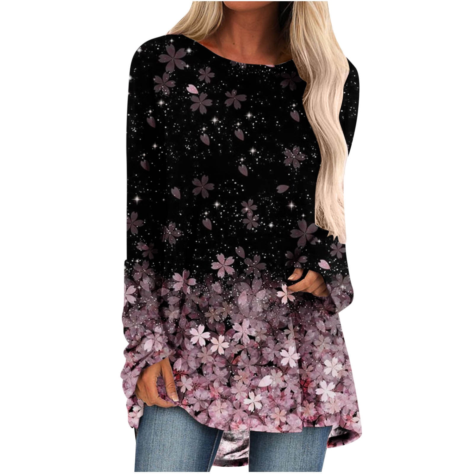 Comfy Dressy Tunic Tops to Wear with Leggings Round Neck Gradient Ombre Flowy Hide Belly Long Shirt Plus Size Tops for Women Long Sleeve Shirts Hot Pink M Walmart