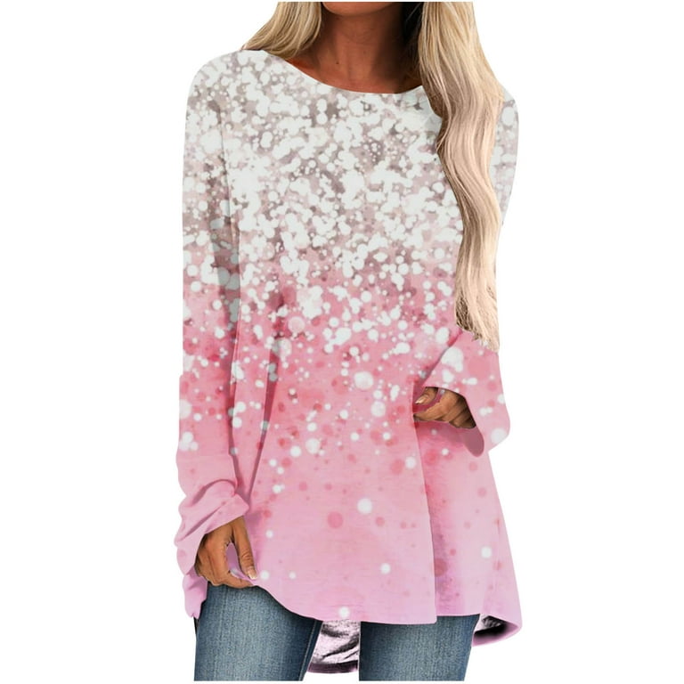 Comfy Dressy Tunic Tops to Wear with Leggings Round Neck Gradient Ombre  Flowy Hide Belly Long Shirt Plus Size Tops for Women Long Sleeve Shirts  Pink