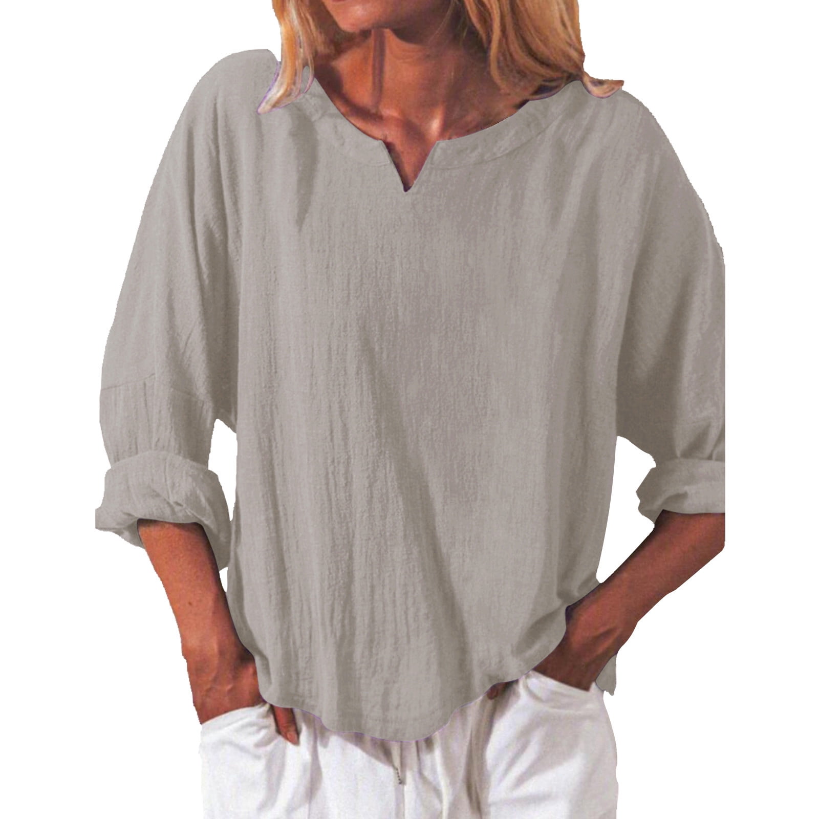 Comfy Dressy Tunic Tops to Wear with Leggings Plus Size Tops for Women Flowy Peasant Blouse Long Shirt V Neck Solid Long Sleeve Shirts Gray L Walmart