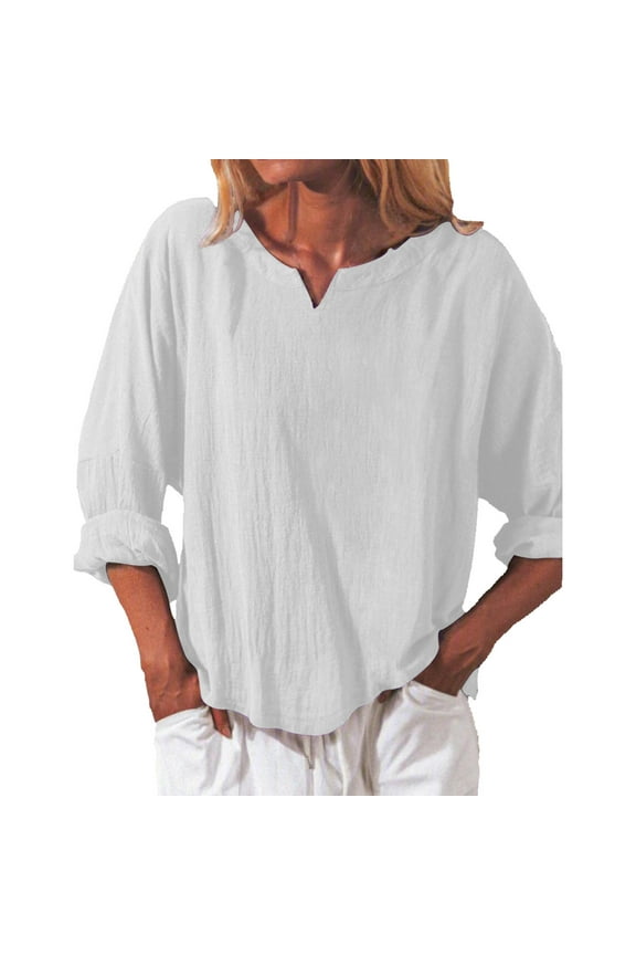 Comfy Dressy Tunic Tops to Wear with Leggings Plus Size Tops for Women Flowy Peasant Blouse Long Shirt V-Neck Solid Long Sleeve Shirts White XXXL