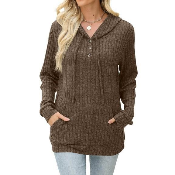 Comfy Fall Fashion Outfits New Womens Button V Neck Hooded Sweaters Long Sleeve Pullover Tops Casual Sweatshirts with Pockets Fall Outfits Brown M