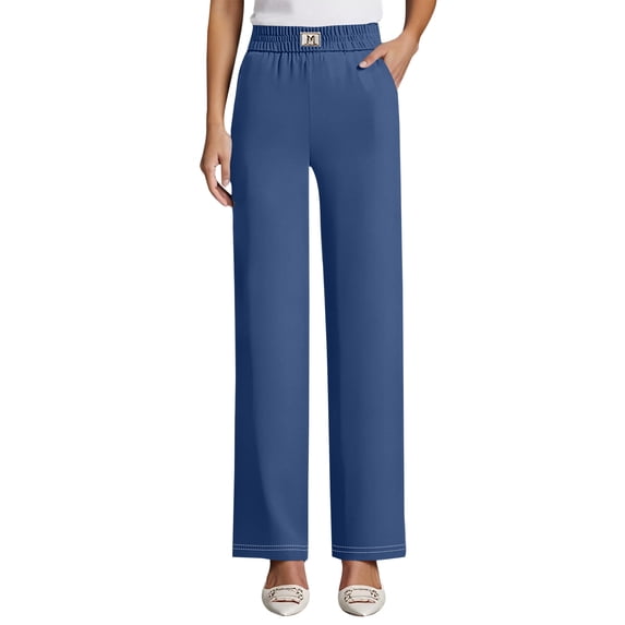 Comfy Fit Pants for Women Over 50 Straight Leg Elastic Waist Solid Pants Perfect Drape High Rise Pull-On Stretch Pants, M