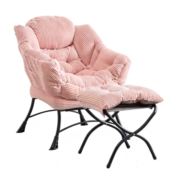Comfy Flannelette Lazy Chair with Ottoman - Ergonomic Pink Reading Lounge Chair for Girls Room, Bedroom, Living Room & Office