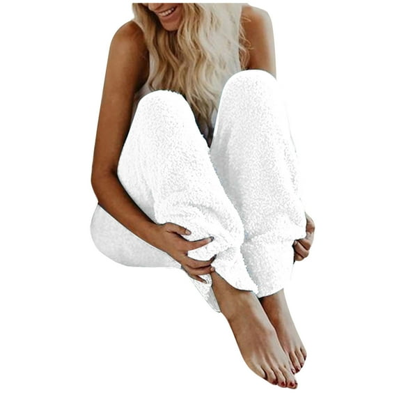 Comfy Fleece Jogger Pants Womans Winter Warm Long Pants Elastic Waist Sherpa Sweatpants Lounge Sports Homewear (X-Large, White)
