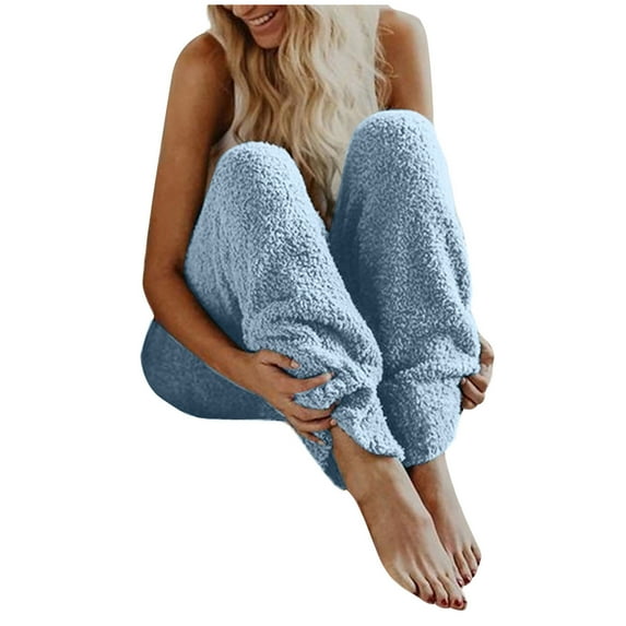Comfy Fleece Jogger Pants Womans Winter Warm Long Pants Elastic Waist Sherpa Sweatpants Lounge Sports Homewear (XX-Large, Sky Blue)