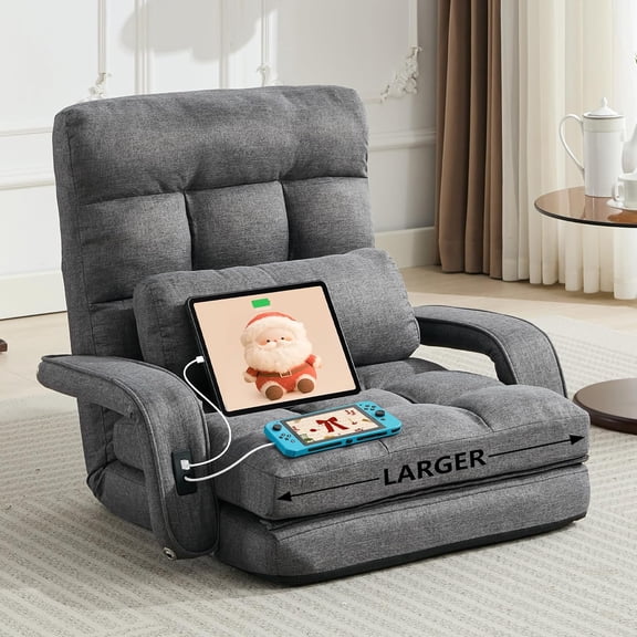 Comfy Floor Chair Bedroom 2 USB Charging Ports, 5-Position Couch Gaming Lounge Chairs Adults, Indoor Folding Lazy Sofa Meditation Arm Dorm Chair Living Room (Grey)