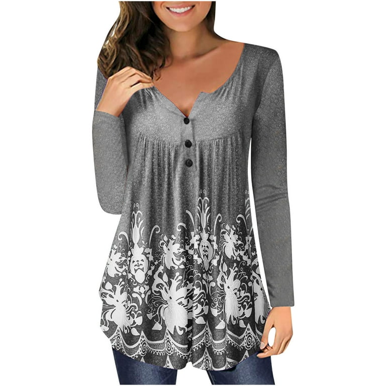 Comfy Flowy Pleated Long Shirt Tunic Tops to Wear with Leggings Long Sleeve  Shirts Plus Size Tops for Women Dressy Henley Ombre Floral Graphic Gray M