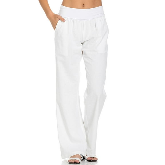 Comfy Fold Over Linen Pants (White)