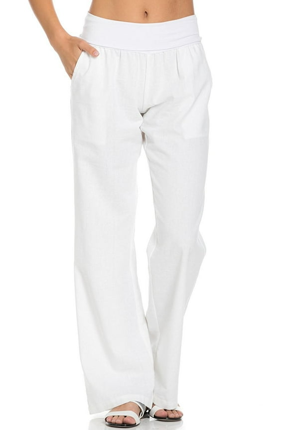 Comfy Fold Over Linen Pants (White)