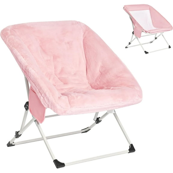 Comfy Folding Saucer Chair for All Seasons,Removal Faux Fur Soft Chair for Adults,Reading Chair for Living Room, Bedroom, Dorm, Metal Frame Moon Chair(Pink)