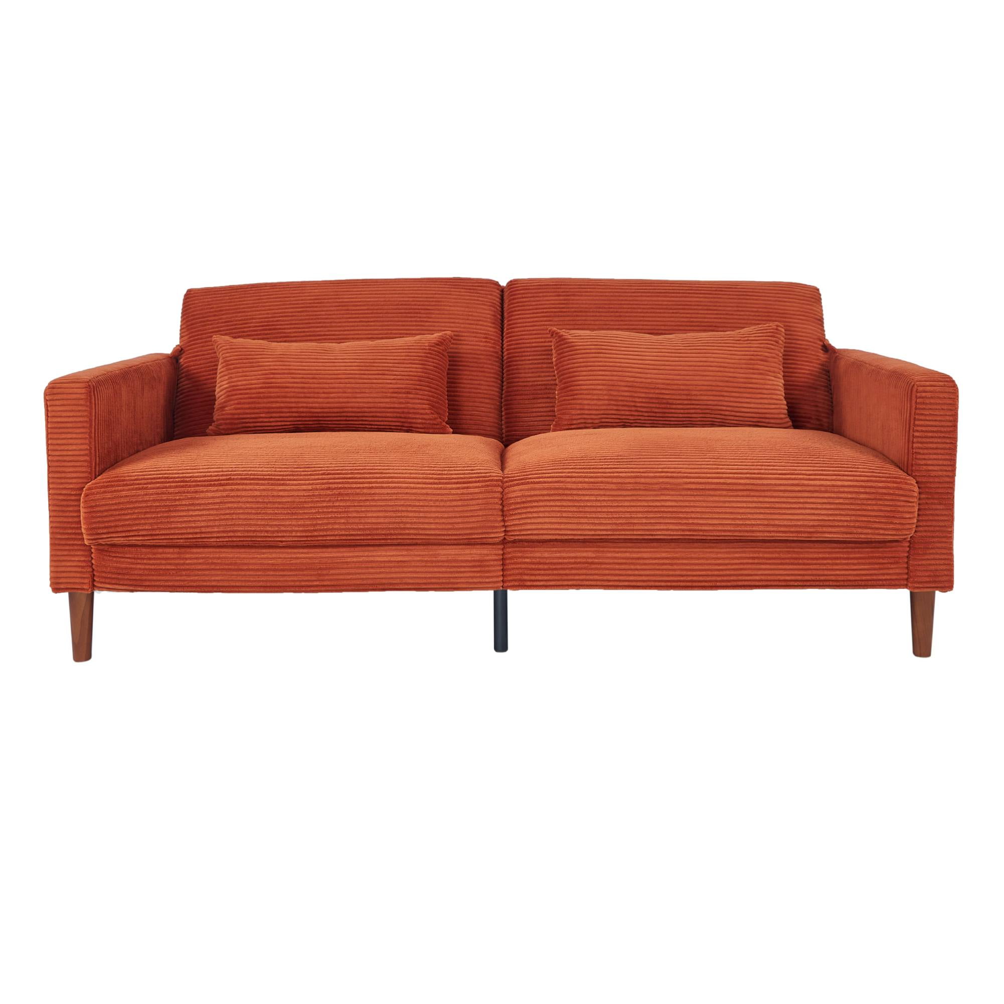 Comfy Futon Sofa Corduroy Loveseat Couch with Pillow Cushion, Modern Sleeper Sofa Couch with Solid Leg for Living Room,Bedroom, Orange