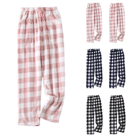 Comfy Fuzzy Pajama Pants Pocket Women Fleece Buffalo Plaid Flannel Plush Drawstring Pajama Bottoms Homey Fluffy Pj Pants Pink M