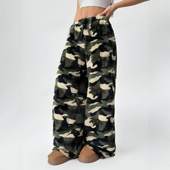 Comfy Fuzzy Pajama Pants Women Fleece Buffalo Plaid Flannel Plush Drawstring Pajama Bottoms Homey Fluffy Pj Pants Army Green L