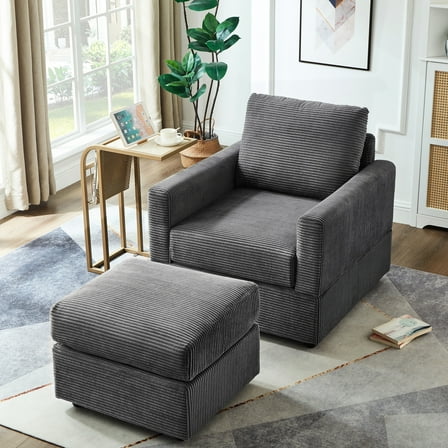 Comfy Grey Corduroy Chaise Lounge - Living Room Chair Piece With