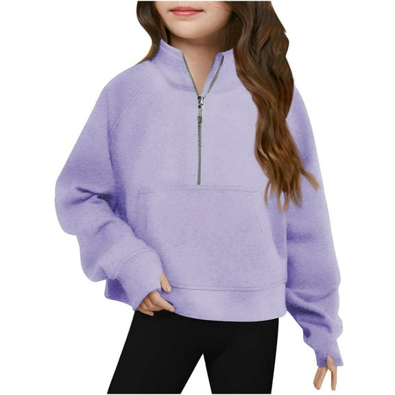Comfy Half Zip Sweatshirts Girls Long Sleeve Solid Pullover Hoodless Zipper Hoodie with Front Pocket (13 Years, Purple)