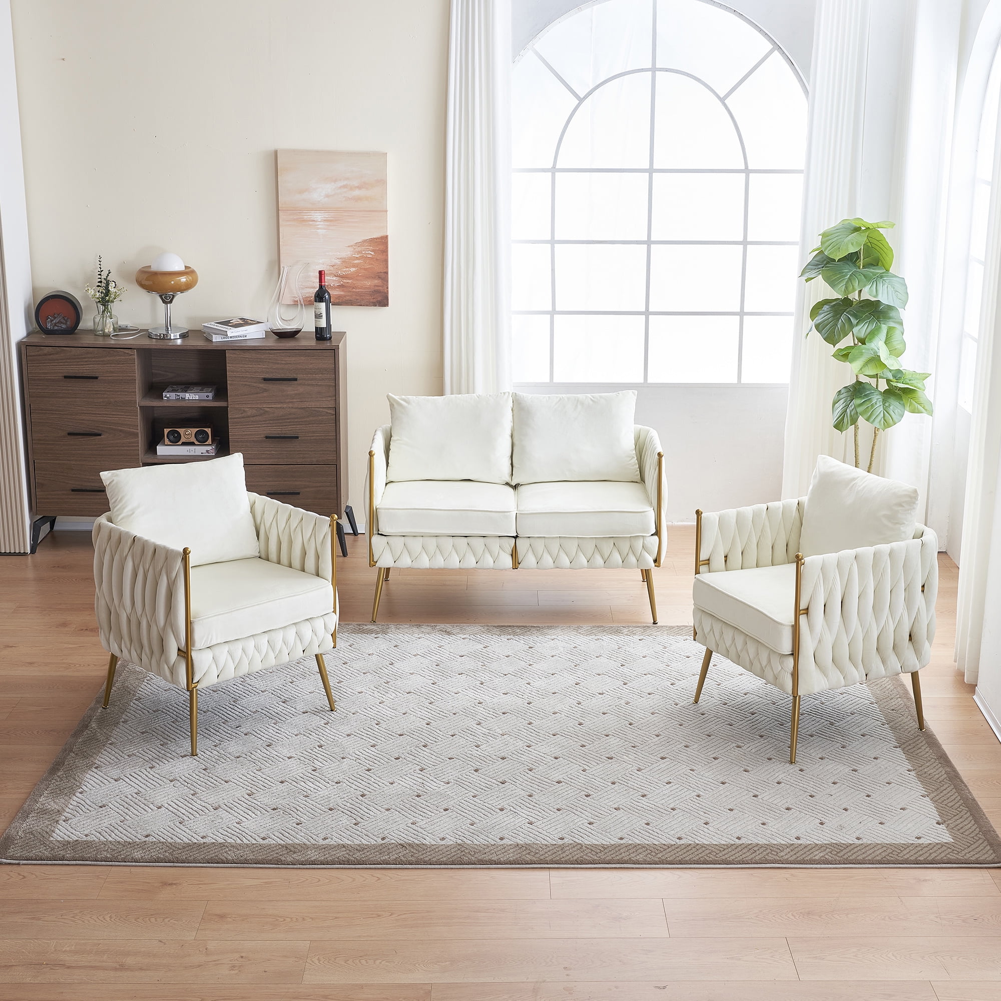 Comfy Handmade Bucket Woven Fluffy Tufted Upholstered Sofa Set Living Room Furniture with 2 Accent Chairs and 1 Two Seater Sofa in Cream White Velvet