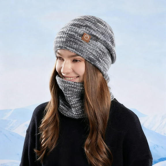 Comfy Hat and Scarf Set for Women Soft Thick Knit Warm 2 Piece Set Fleece Lined Neckerchief Beanie Cap for Cold Winter