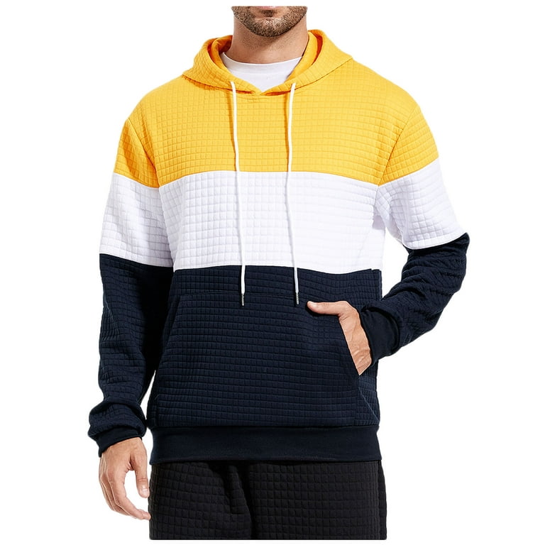 Comfy Hoodies for Men, Trendy Waffle Knit Hooded Sweatshirts Drawstring  Colorblock Striped Pullovers with Pocket (Medium, Yellow)
